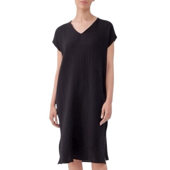 Eileen Fisher Dress Coverup Black Gauze Cotton Midi V-neck Women’s Size Small - Picture 1 of 13